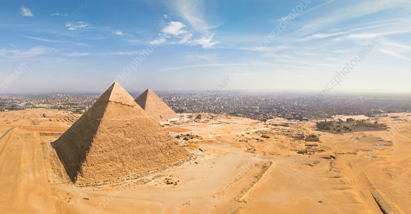 Aerial view of the Great Pyramids of Giza in Egypt.